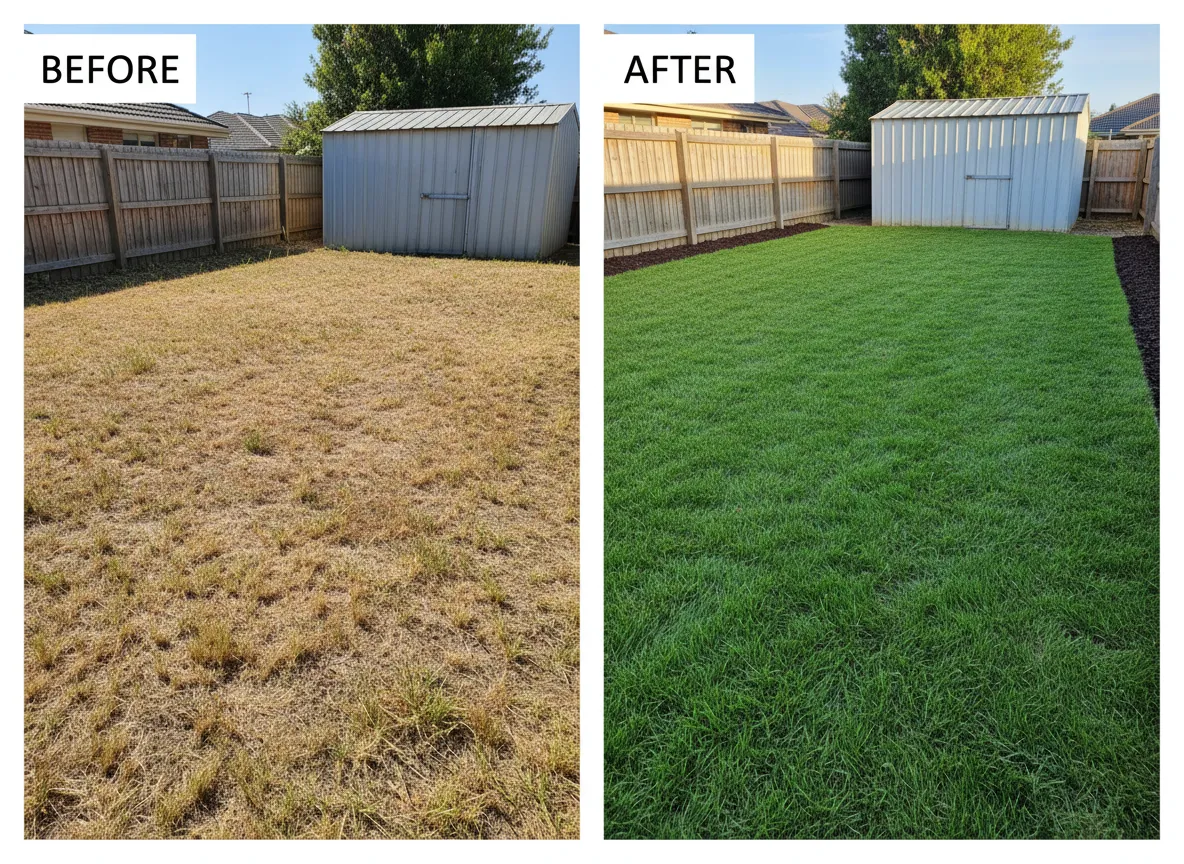 Before and after backyard turf installation